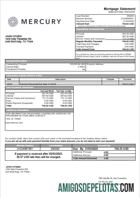 Extrato de hipoteca do USA CA San Francisco Mercury Bank em formatos Word e PDF exemplo real